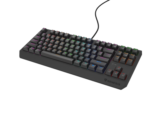 Tastatura gaming mecanica cu fir Genesis Thor 230 TKL Lite, iluminare multicolor, switch Linear, switch model Outemu Red, numar taste 87, 11 butoane multimedia, lungime cablu 1.6m, dimensiuni 363 x 155 x 39 mm, negru
