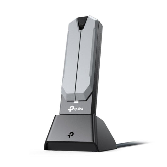 BE6500 High Gain Tri-Band Wi-Fi 7 USB Adapter SPEED: 2882 Mbps at 6 GHz + 2882 Mbps at 5 GHz + 688 Mbps at 2.4 GHz SPEC: 2× High Gain External Antennas, USB 3.0, Cradle with Extension Cable FEATURE: Wi-Fi 7, MU-MIMO, OFDMA, HE160, WPA3, MLO, 4K QAM