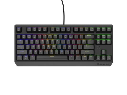 Tastatura gaming mecanica cu fir Genesis Thor 230 TKL, iluminare RGB, switch Linear, switch model Outemu Red, numar taste 87, 11 butoane multimedia, lungime cablu 1.6m, dimensiuni 363 x 155 x 39 mm, negru