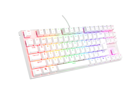 Tastatura gaming mecanica cu fir Genesis Thor 303 TKL, iluminare RGB, switch Linear, switch model Outemu Pitch Silent, numar taste 87, 11 butoane multimedia, lungime cablu 1.8m, dimensiuni 355 x 136 x 36 mm ,alb
