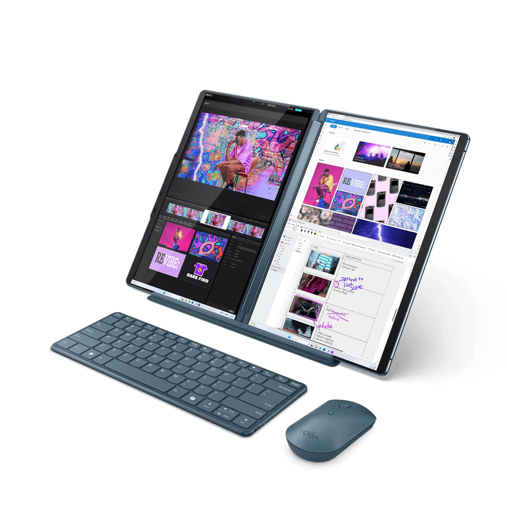 Laptop Lenovo Yoga Book 9 13IMU9 cu procesor Intel® Core™ Ultra 7 155U pana la 4.8GHz, 2 x 13.3", 2.8K, OLED, Touch, 32GB DDR5, 1TB SSD, Intel® Graphics, Windows 11 PRO, Tidal Teal, 3y on-site, Premium Care