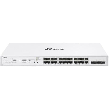 Switch TP-Link cu 28 de porturi, 24× Gigabit 802.3af/at PoE+ ports si 4× Gigabit SFP slots, capacitate switch 56 Gbps, dimensiuni 17.3×8.7×1.73 in (440×220×44 mm)