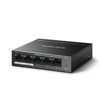 MERCUSYS DESKTOP SWITCH 5PORT MS105GP POE, Interfata: 5 x 5× 10/100/1000 Mbps RJ45 ports, 4 x POE, PoE Power Budget: 65 W, Standarde si protocoale: IEEE 802.3x Flow Control, dimensiuni: 99.8*98*25mm,