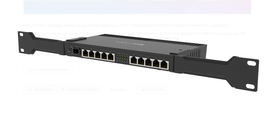 MikroTik RouterBOARD 4011iGS+ with Annapurna Alpine AL21400 Cortex A15CPU (4-cores, 1.4GHz per core), 1GB RAM, 512 MB, 10xGbit LAN, 1xSFP+port, RouterOS L5, desktop case, rackmount ears, PSU