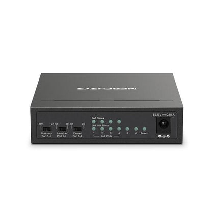 Mercusys Desktop Switch MS106LP 6 porturi 10/100Mbps, Standarde si protocoale  IEEE 802.3x Flow Control, 4 porturi POE, buget POE 40W, dimensiuni: 99.8*98*25mm.