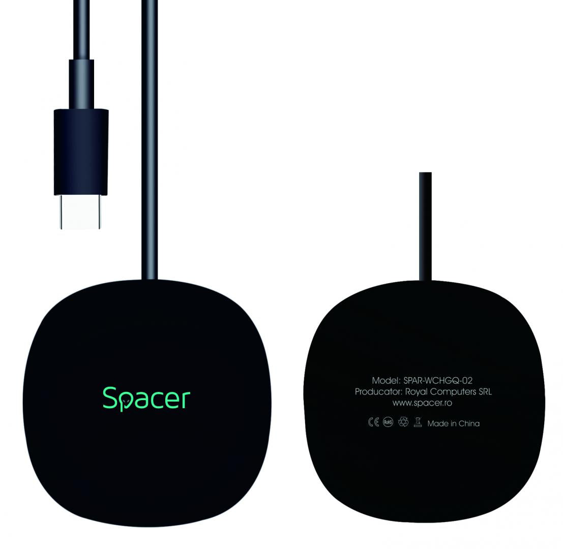 Incarcator wireless Spacer, Quick Charge 15W Qi, conector Type-C, rol de stand prin prindere magnetica, negru