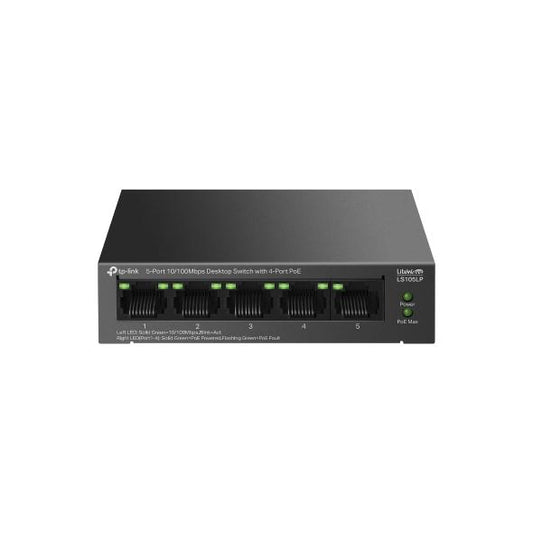 "5-Port 10/100 Mbps Desktop Switch with 4-Port PoE PORT: 4× 10/100 Mbps PoE Ports, 1× 10/100 Mbps Non-PoE Port SPEC: 802.3af, 41 W PoE Power, Desktop Steel Case FEATURE: Extend Mode for 250m PoE Transmitting, PoE Auto Recovery, Plug and Play"