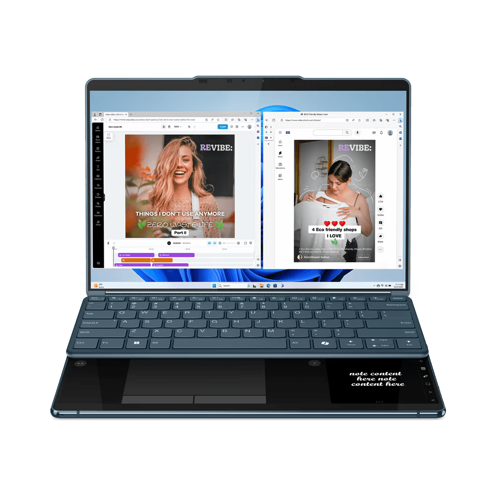 Laptop Lenovo Yoga Book 9 13IMU9 cu procesor Intel® Core™ Ultra 7 155U pana la 4.8GHz, 2 x 13.3", 2.8K, OLED, Touch, 32GB DDR5, 1TB SSD, Intel® Graphics, Windows 11 PRO, Tidal Teal, 3y on-site, Premium Care