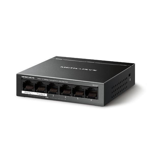 Mercusys Desktop Switch MS106LP 6 porturi 10/100Mbps, Standarde si protocoale  IEEE 802.3x Flow Control, 4 porturi POE, buget POE 40W, dimensiuni: 99.8*98*25mm.