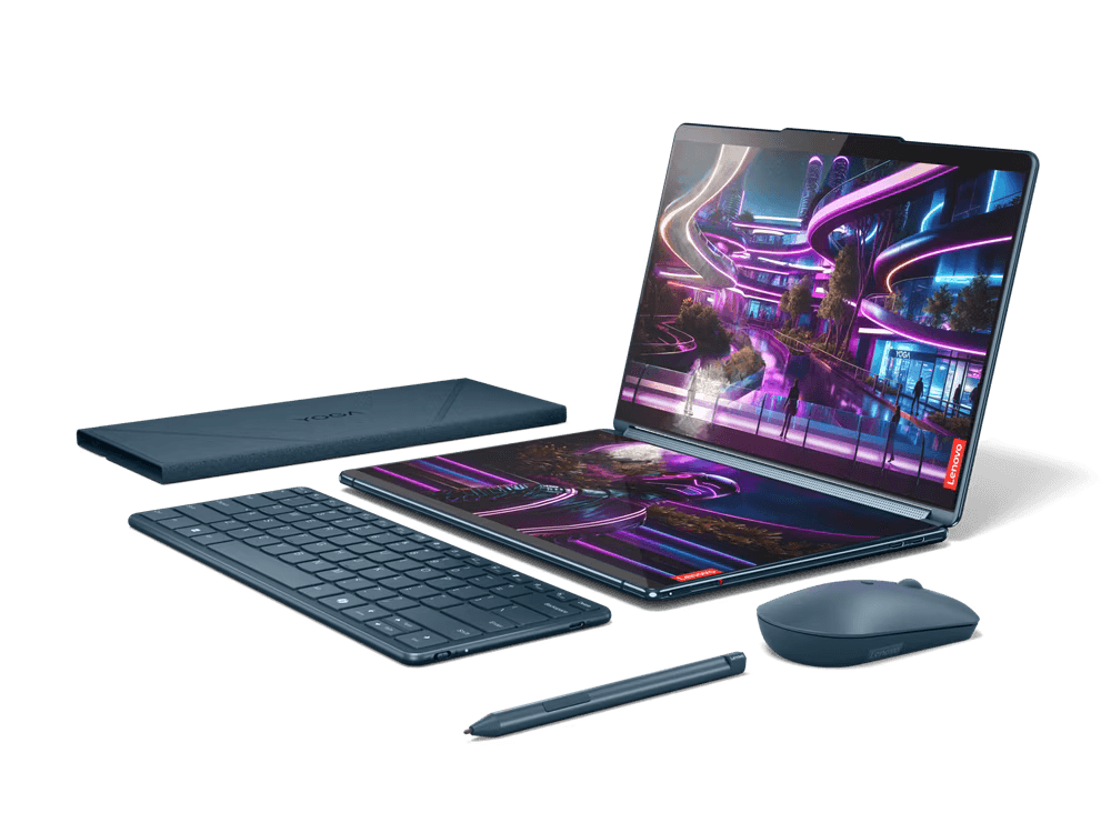 Laptop Lenovo Yoga Book 9 13IMU9 cu procesor Intel® Core™ Ultra 7 155U pana la 4.8GHz, 2 x 13.3", 2.8K, OLED, Touch, 32GB DDR5, 1TB SSD, Intel® Graphics, Windows 11 PRO, Tidal Teal, 3y on-site, Premium Care