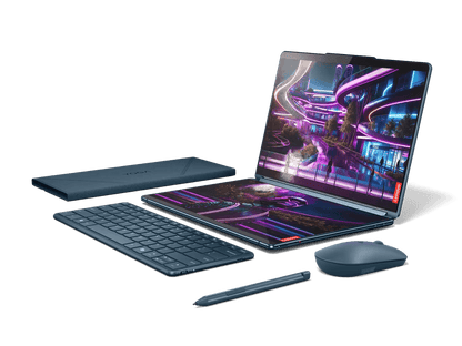 Laptop Lenovo Yoga Book 9 13IMU9 cu procesor Intel® Core™ Ultra 7 155U pana la 4.8GHz, 2 x 13.3", 2.8K, OLED, Touch, 32GB DDR5, 1TB SSD, Intel® Graphics, Windows 11 PRO, Tidal Teal, 3y on-site, Premium Care