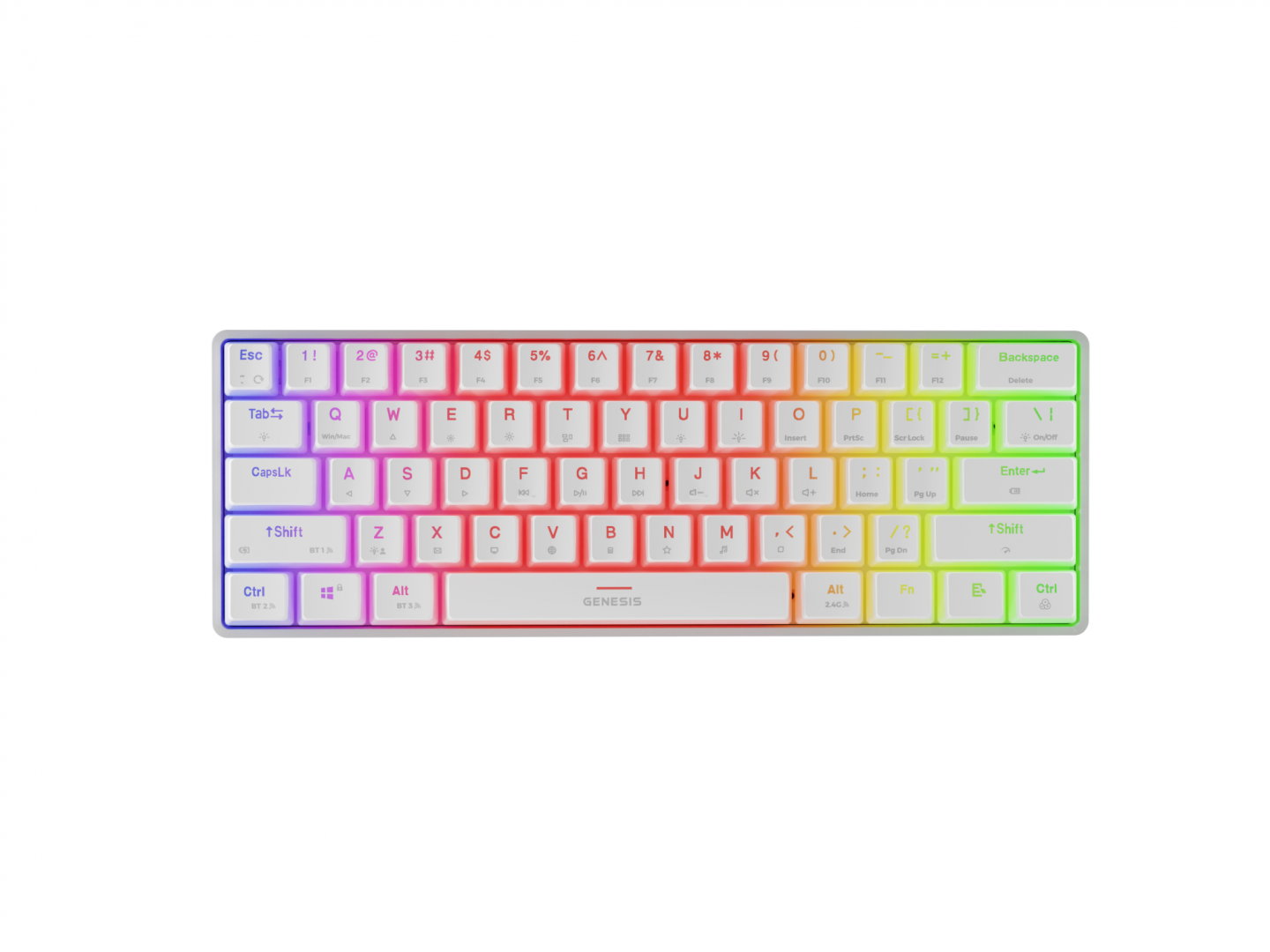 Tastatura gaming mecanica wireless Genesis Thor 660 G2 60% , iluminare RGB, switch Tactile, switch model Gateron Brown, numar taste 61, 13 butoane multimedia, lungime cablu 1.5m, dimensiuni 293 x 102 x 39 mm, alb