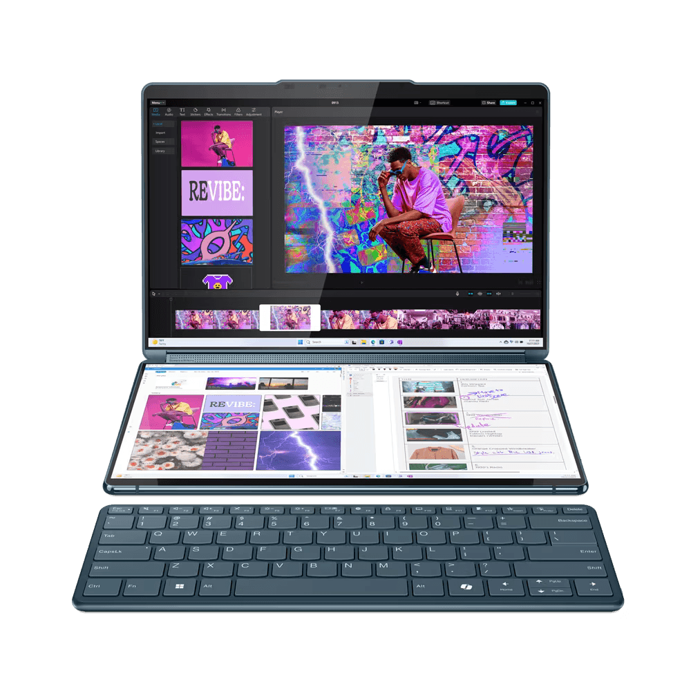 Laptop Lenovo Yoga Book 9 13IMU9 cu procesor Intel® Core™ Ultra 7 155U pana la 4.8GHz, 2 x 13.3", 2.8K, OLED, Touch, 32GB DDR5, 1TB SSD, Intel® Graphics, Windows 11 PRO, Tidal Teal, 3y on-site, Premium Care