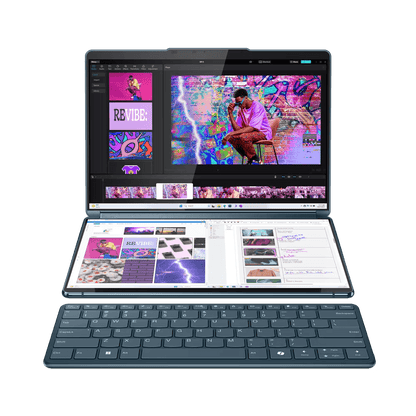 Laptop Lenovo Yoga Book 9 13IMU9 cu procesor Intel® Core™ Ultra 7 155U pana la 4.8GHz, 2 x 13.3", 2.8K, OLED, Touch, 32GB DDR5, 1TB SSD, Intel® Graphics, Windows 11 PRO, Tidal Teal, 3y on-site, Premium Care