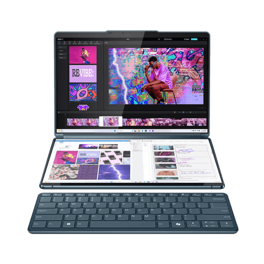 Laptop Lenovo Yoga Book 9 13IMU9 cu procesor Intel® Core™ Ultra 7 155U pana la 4.8GHz, 2 x 13.3", 2.8K, OLED, Touch, 32GB DDR5, 1TB SSD, Intel® Graphics, Windows 11 PRO, Tidal Teal, 3y on-site, Premium Care