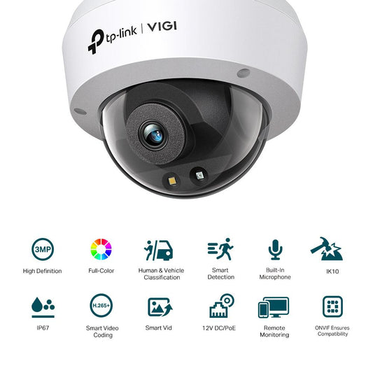 Camera IP Dome TP-Link VIGI C230(4MM), 3MP, Lentila 4mm, IR+WL 30ml, rezolutie video 2304 × 1296, H.265+/H.265/H.264+/H.264,