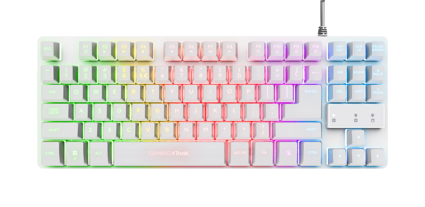 Tastatura Trust cu fir GXT833W Thado, numar butoane 87, interfata USB 2.0, conector USB-A male, compatibila cu PS4, Xbox One, Nintendo Switch, PS5, alb