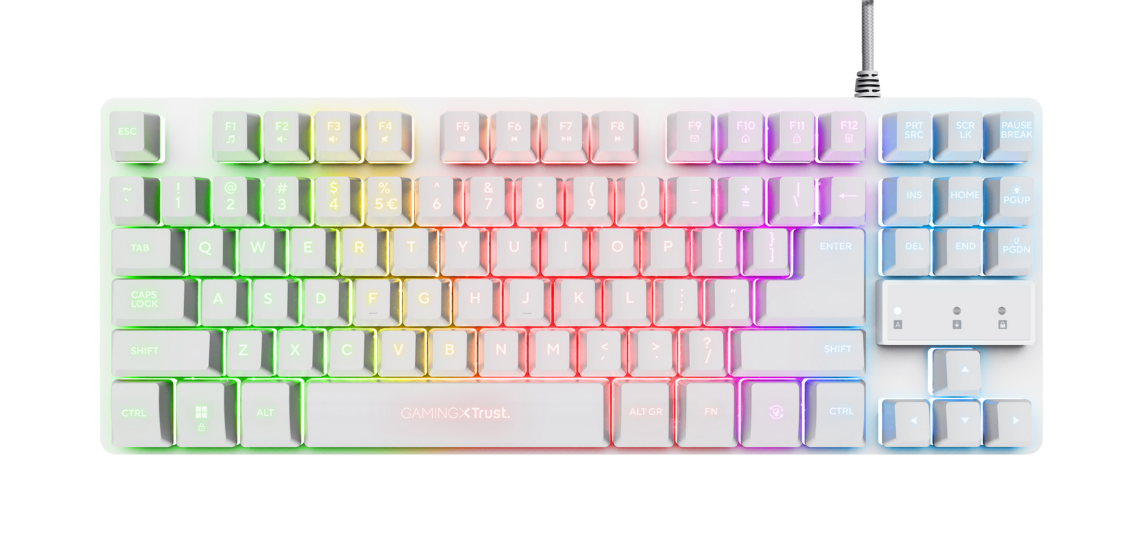 Tastatura Trust cu fir GXT833W Thado, numar butoane 87, interfata USB 2.0, conector USB-A male, compatibila cu PS4, Xbox One, Nintendo Switch, PS5, alb