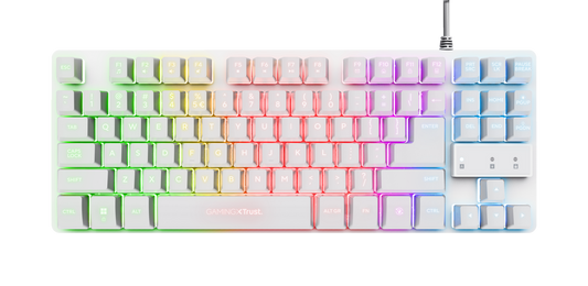 Tastatura Trust cu fir GXT833W Thado, numar butoane 87, interfata USB 2.0, conector USB-A male, compatibila cu PS4, Xbox One, Nintendo Switch, PS5, alb