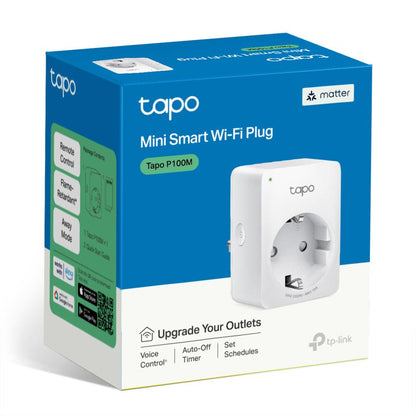TP-LINK TAPO P100M Mini priz? Wi-Fi smart, compatibil? cu Matter, WIFI Protocol: IEEE 802.11b/g/n, Bluetooth, 2.4Ghz, Dimensiuni: 72 × 51 × 40 mm, Cerinte de alimentare: 100-240V~, Incarcare maxima: 2,300W, 10A.