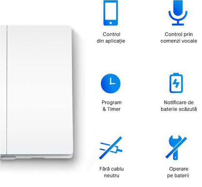 TP-LINK TAPO S220 intrerupator inteligent dublu (NECESITA HUB TAPO), Wireless: 868 MHz, incarcare maxima: 600 W LED/600W CFL/1000W INC/1000WFTL/Ventilator de 50 W, Dimensiuni: 87.1 × 86 × 41 mm, Alimentare: 2× Baterii AAA 1.5 V