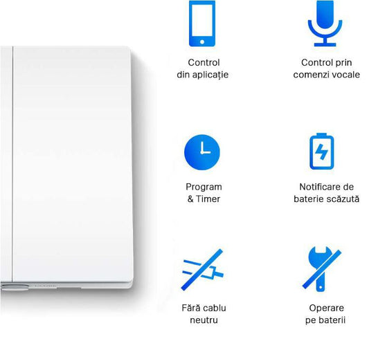TP-LINK TAPO S220 intrerupator inteligent dublu (NECESITA HUB TAPO), Wireless: 868 MHz, incarcare maxima: 600 W LED/600W CFL/1000W INC/1000WFTL/Ventilator de 50 W, Dimensiuni: 87.1 × 86 × 41 mm, Alimentare: 2× Baterii AAA 1.5 V