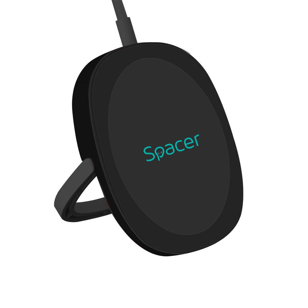 Incarcator wireless Spacer, Quick Charge 15W Qi, conector Type-C, rol de stand prin prindere magnetica, negru
