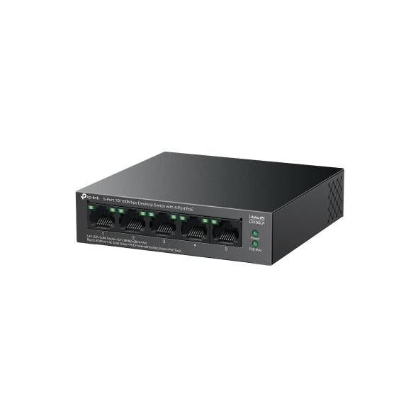 "5-Port 10/100 Mbps Desktop Switch with 4-Port PoE PORT: 4× 10/100 Mbps PoE Ports, 1× 10/100 Mbps Non-PoE Port SPEC: 802.3af, 41 W PoE Power, Desktop Steel Case FEATURE: Extend Mode for 250m PoE Transmitting, PoE Auto Recovery, Plug and Play"
