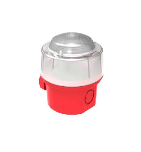 Honeywell Dispozitiv de semnalizare optic? cu carcas? de protec?ie IP 65; pentru montaj pe perete ?i tavan, cu culoare stroboscopic? alb? ?i baz? plat?; Categoria C & W; Declan?are bli? sincron; EN54-23