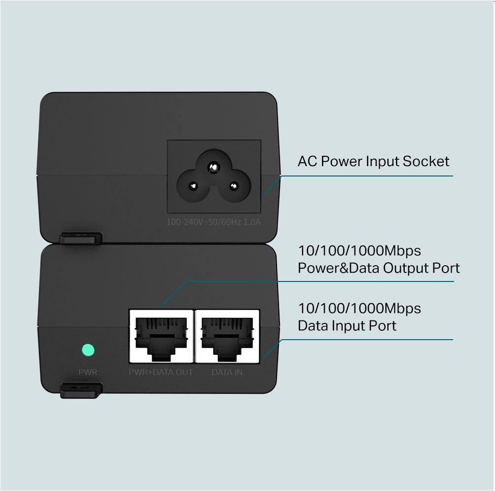TP-Link, PoE+ Injector, TL-POE160S, Standarde si protocoale: IEEE802.3i, IEEE802.3u, IEEE802.3ab, IEEE802.3af, IEEE802.3at, interfata: 1 10/100/1000Mbps RJ45 data-in port, 1 10/100/1000Mbps RJ45 power+data-out port, Dimensiuni: 125 × 59.4 × 36.8 mm.