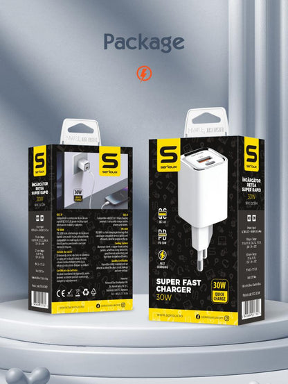 Incarcator retea Serioux 30W Quick Charge, Intrare AC100-240V~ 50/60Hz 0.7A Max, PD Ie?ire: 5V-3A, 9V-3A, 12V-2.5A, 15V 2A, 20V=1.5A (30W), QC Ie?ire: 5V-3A, 9V-2A, 12V=1.5A (18W), PD+QC=5V=3.6A, Total: 30W Max