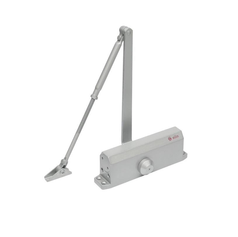 Amortizor hidraulic cu brat SA-5044AW-sv, argintiu; Pentru: usi cu greutatea de 60-85 kg; latime usa ?1050mm; Ulei hidraulic termostabil; Viteza de inchidere reglabila; Montare universala: stanga sau dreapta; Culoare: argintiu; Deschidere usa la 180°;