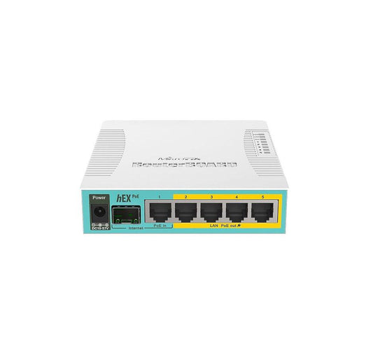 Mikrotik 5-Port Gigabit Ethernet router, RB960PGS, 5* 10/100/1000Ethernet ports, 1* SFP ports, 1* USB type A, 1* CPU core count, CPUnominal frequency: 800 MHz, RAM: 128 MB, Flash Storage: 16MB, PoE in:Passive, PoE out: 802.3af/at, 9W