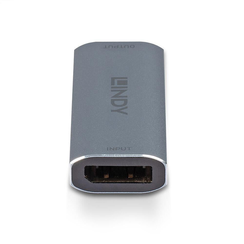 Adaptor Lindy DisplayPort 1.4 Repeater, latime de banda suportata 32.4 Gbps, rezolutie maxima 7680x4320@60Hz 4:4:4 8bit, material aluminiu, gri