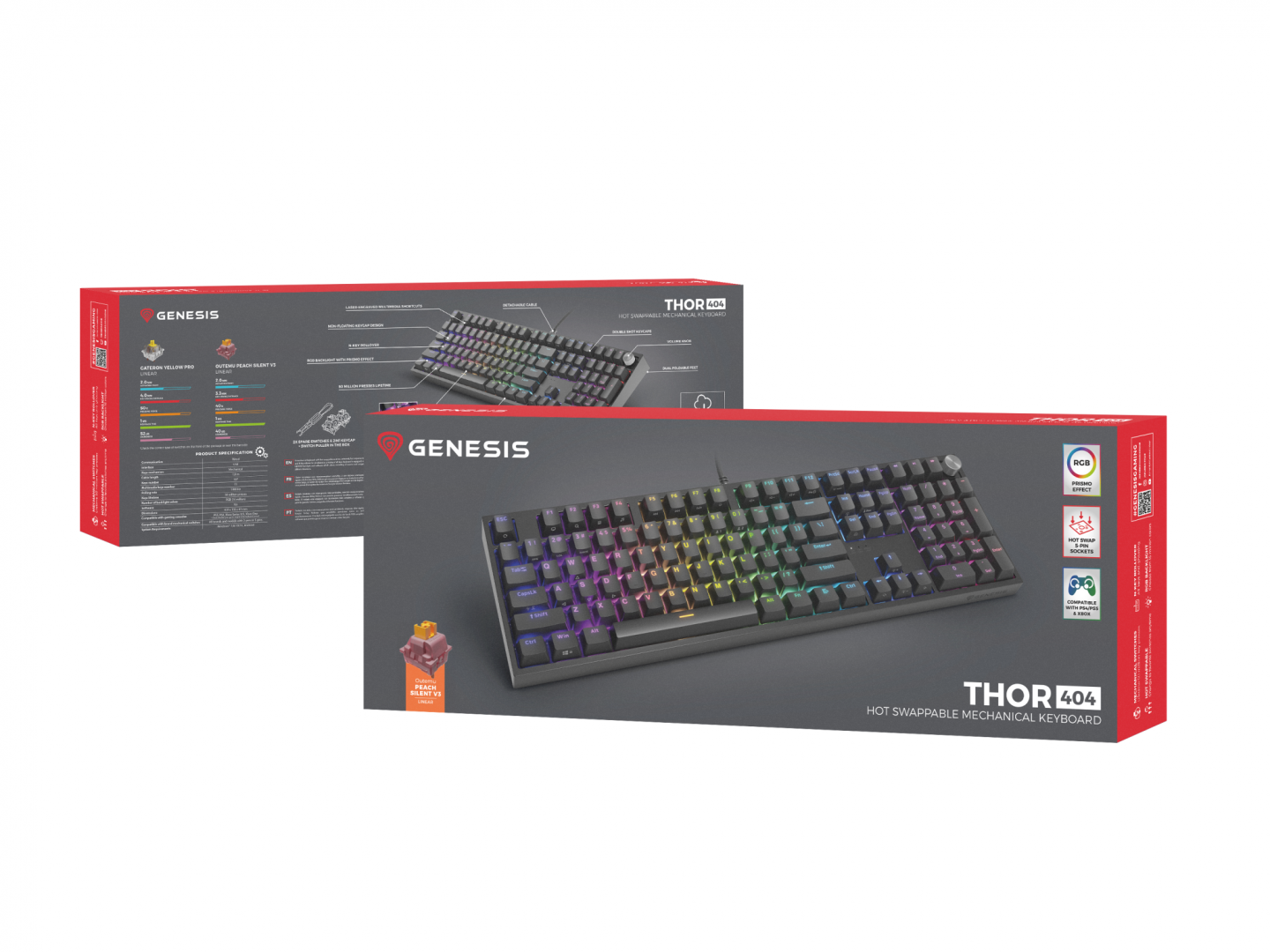 Tastatura gaming mecanica cu fir Genesis Thor 404 , iluminare RGB, switch-uri Peach, 107 taste, 11 butoane multimedia, negru