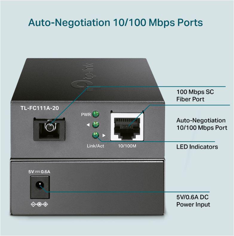"10/100 Mbps RJ45 to 100 Mbps Single-mode SC WDM Bi-Directional Fiber Converter PORT: 1× 100Mbps SC Port, 1× 10/100M RJ45 Port (Auto MDI/MDIX) SPEC: Full-duplex, Tx:1550 nm, Rx:1310 nm, Up to 20 km, Chassis TL-FC1420 rack-mountable"