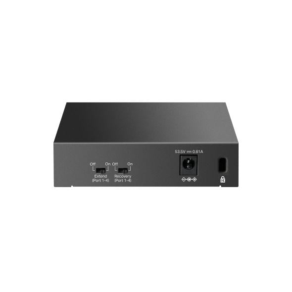 "5-Port 10/100 Mbps Desktop Switch with 4-Port PoE PORT: 4× 10/100 Mbps PoE Ports, 1× 10/100 Mbps Non-PoE Port SPEC: 802.3af, 41 W PoE Power, Desktop Steel Case FEATURE: Extend Mode for 250m PoE Transmitting, PoE Auto Recovery, Plug and Play"