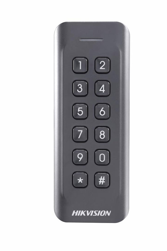 Card reader Hikvision, DS-K1802EK; Reads EM card, with keypad; Card Reading Frequency: 125KHz; Processor: 32-bit; Reading Range: ?50mm (? 1.97"); Supports Wiegand(W27/W35) protocol, Dust-proof, IP 65.