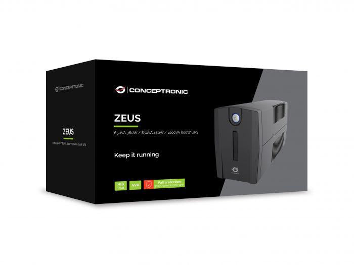 Conceptronic ZEUS02ES 850VA 480W UPS, Schuko x 2, HID USB, RJ45 In/Out, AVR, 96 x 286 x 138 mm