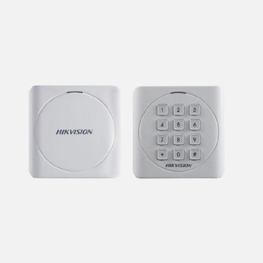Cititor card Hikvision DS-K1801E, citeste carduri RFID EM 125Khz, distanta citire: 50mm, comunicare: Wiegand 26/34 protocol, indicator LED de stare si alimentare; alimentare: 12VDC, IP65, dimensiuni: 87 × 87 × 13.3mm