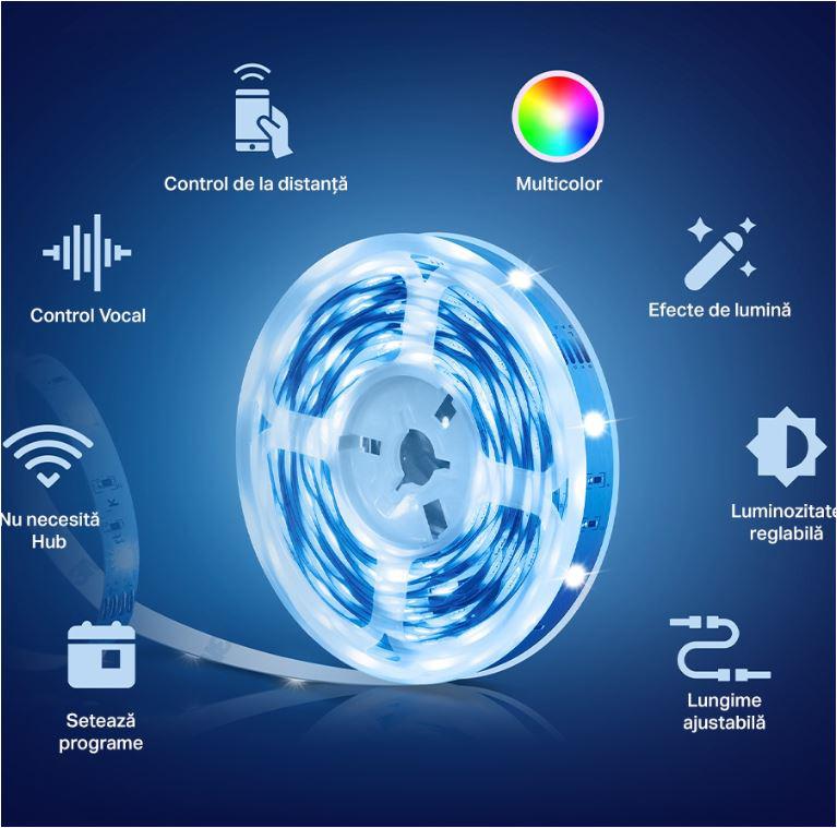 TP-Link Tapo L900-10 Smart light strip kit, 16 milioane culori, 2 x 5m, dimensiuni: 5000 × 10 × 1.6 mm fiecare, Wi-Fi Protocol: IEEE 802.11b/g/n, Frecventa: 2.4 GHz, intensitate reglabila.