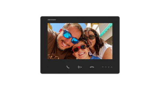 Monitor videointerfon Hikvision DS-KH7300EY-WTE2, 2 fire,  7-inch touch screen, rezolutie: 1024 × 600, Colorful TFT, 3 butoane, Wi-Fi 2.4 GHz, IEEE802.11b, IEEE802.11g, IEEE802.11n, temperatura de functionare: -10 ° C to 50 °C