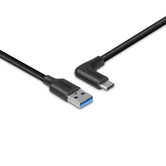 Cablu Lindy 3.2 USB A la USB C, 90°, lunngime 1m, putere maxima 15W, latime de banda suportata  10Gbps, negru
