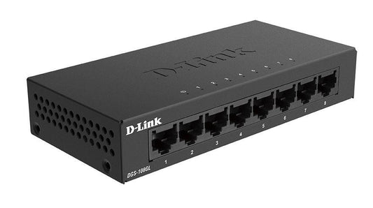 D-Link Switch DGS-108GL, 8 porturi Gigabit, Capacity 16Gbps, desktop, faramanagement, metal, negru, fara ventilator, D-link Green Technology.