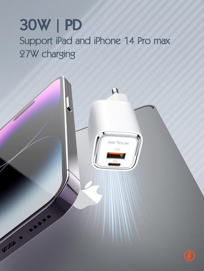 Incarcator retea Serioux 30W Quick Charge, Intrare AC100-240V~ 50/60Hz 0.7A Max, PD Ie?ire: 5V-3A, 9V-3A, 12V-2.5A, 15V 2A, 20V=1.5A (30W), QC Ie?ire: 5V-3A, 9V-2A, 12V=1.5A (18W), PD+QC=5V=3.6A, Total: 30W Max