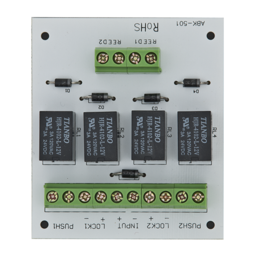 Modul electronic pentru doua usi cu incuietori tip fail-safe cu monitorizare sau buton.