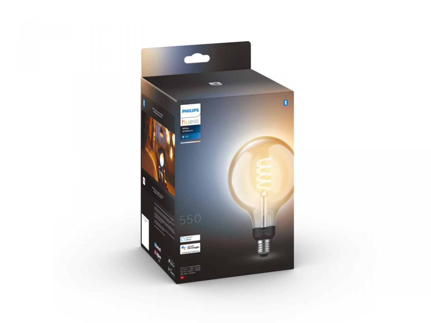 Bec LED inteligent vintage (decorativ) Philips Hue Filament Glob G125 ,Bluetooth, E27, 7W (40W), 550 lm, lumina alba (2200-4500K)