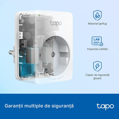 TP-LINK TAPO P100M Mini priz? Wi-Fi smart, compatibil? cu Matter, WIFI Protocol: IEEE 802.11b/g/n, Bluetooth, 2.4Ghz, Dimensiuni: 72 × 51 × 40 mm, Cerinte de alimentare: 100-240V~, Incarcare maxima: 2,300W, 10A.