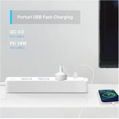 TP-Link  SMART WI-FI SOCKET TAPO P300, Protocol: IEEE 802.11b/g/n, Bluetooth 4.2, 2.4 GHz, Cerin?e de sistem, Android 5 sau mai recent, iOS 10 sau mai recent, Dimensiuni: 268*55*40mm, cablu de 1.5m, voltaj maxim: 2300W, 10A, 3 prize, 2 x USB.