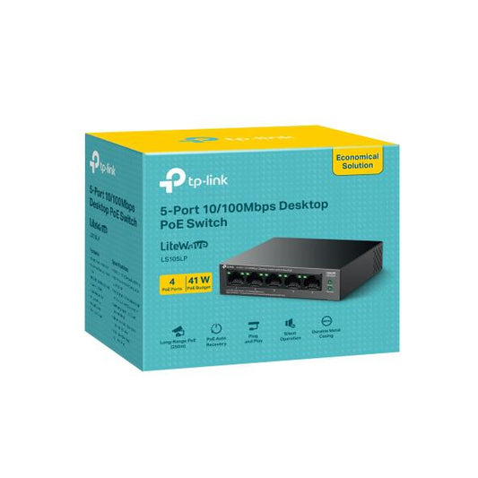 "5-Port 10/100 Mbps Desktop Switch with 4-Port PoE PORT: 4× 10/100 Mbps PoE Ports, 1× 10/100 Mbps Non-PoE Port SPEC: 802.3af, 41 W PoE Power, Desktop Steel Case FEATURE: Extend Mode for 250m PoE Transmitting, PoE Auto Recovery, Plug and Play"